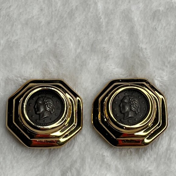 Vintage Coin-Inspired Gold-Tone Clip-On Earrings - Picture 2 of 5